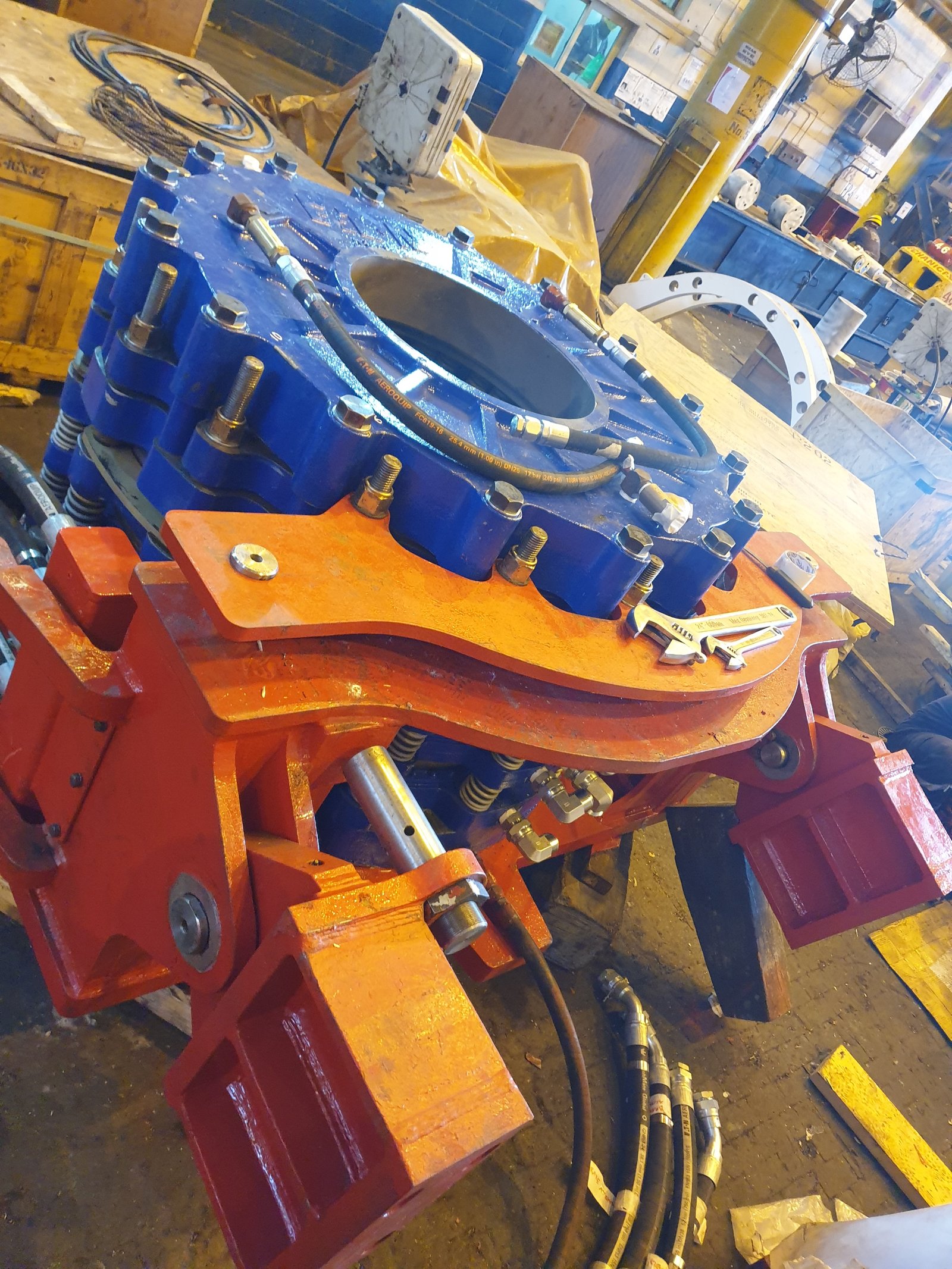 Drawworks brake assembly undergoing overhaul