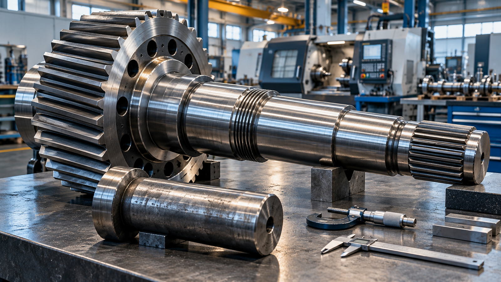 Illustrative precision-machined gear shaft and load-bearing pin in a workshop